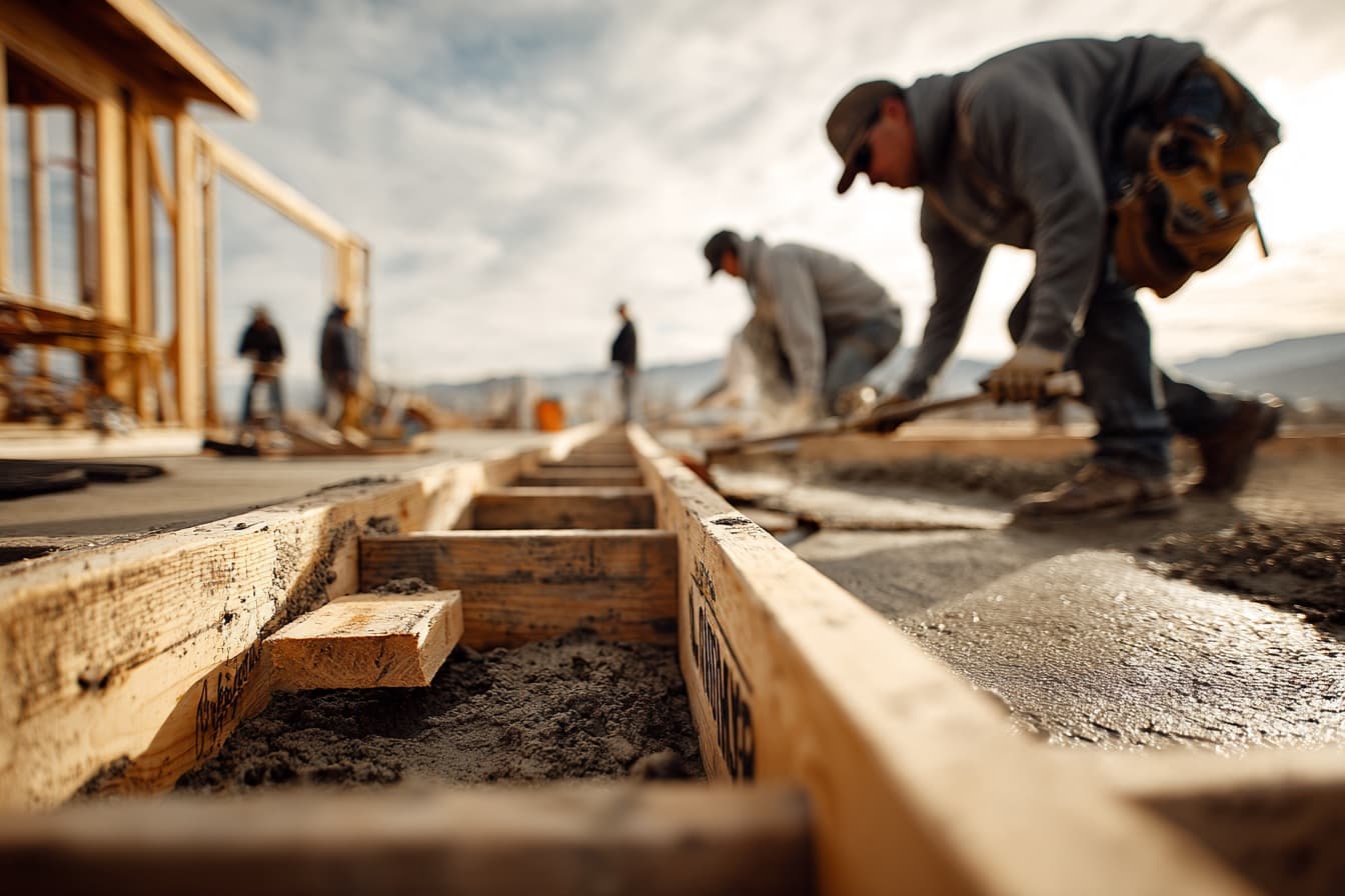 A construction crew working on concrete formwork at a custom home foundation in North County San Diego (stock photograph, not a Craft Homes project)