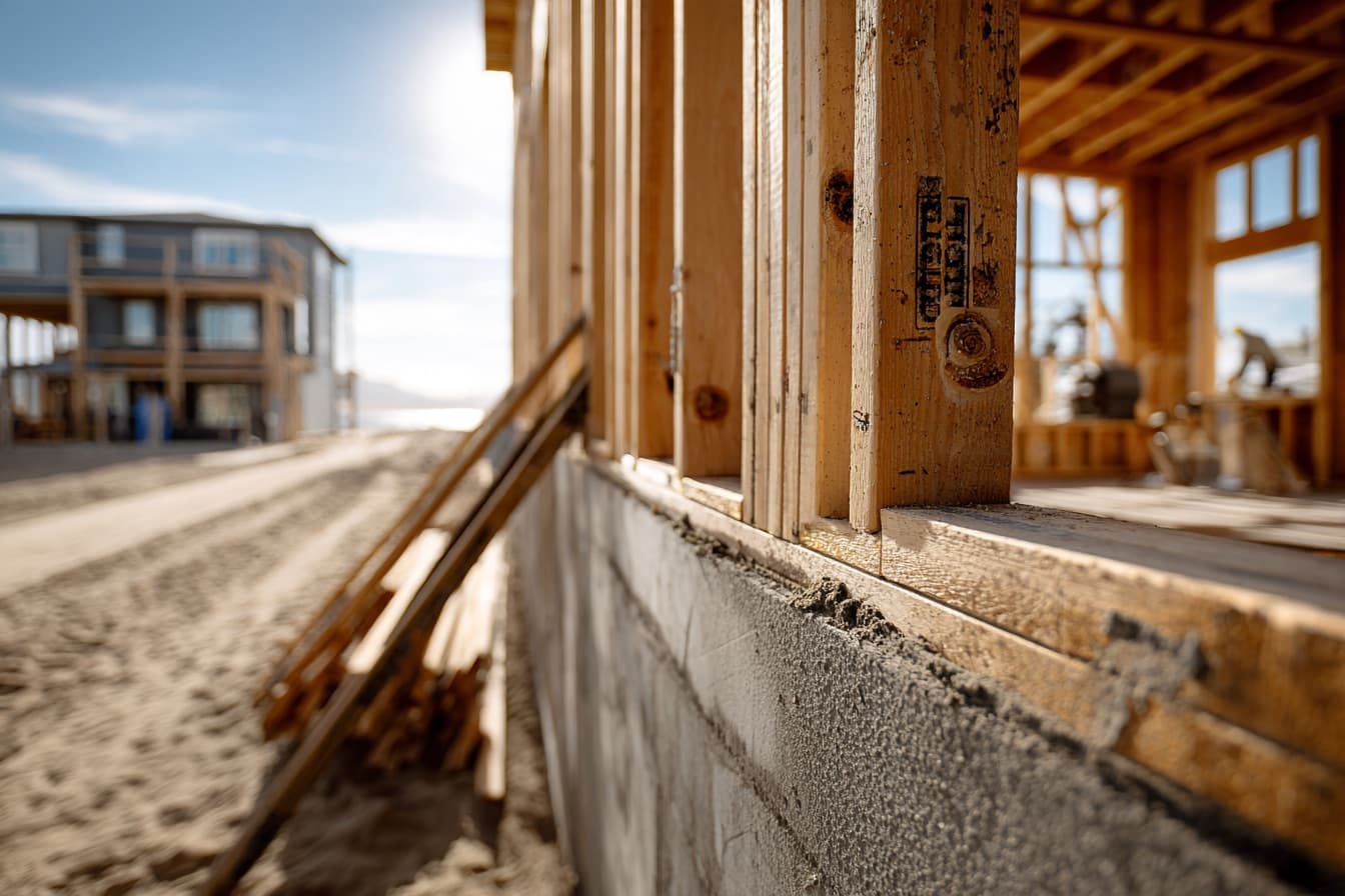 Close-up of wood framing on a concrete stem wall at a coastal custom home under construction in Oceanside (stock photograph, not a Craft Homes project)