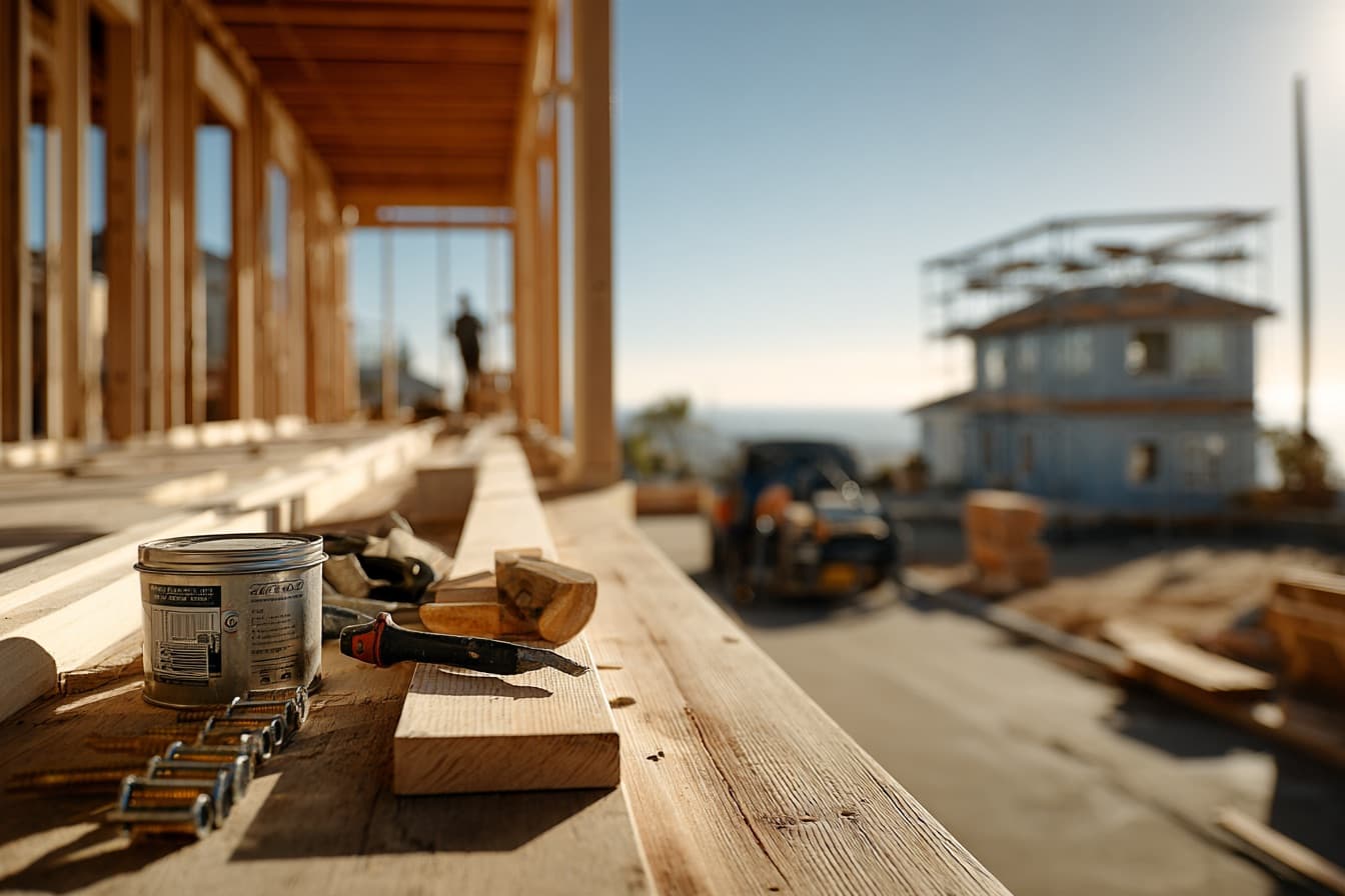 Framing lumber, fasteners and hand tools laid out on a custom home job site on the North County coast (stock photograph, not a Craft Homes project)