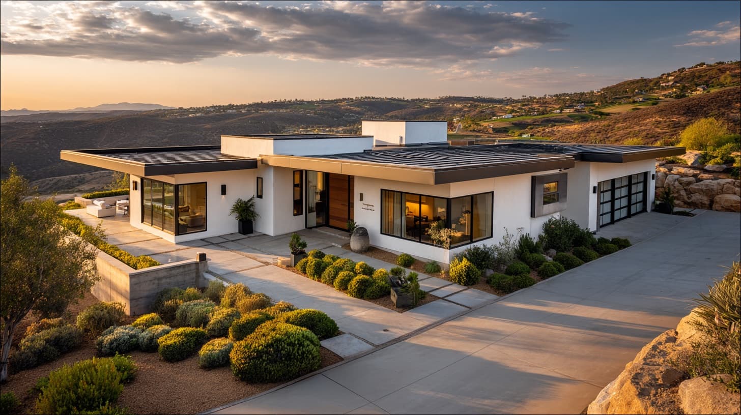 Modern single-story custom home on a graded hillside lot at sunset in inland North County San Diego (stock photograph, not a Craft Homes project)