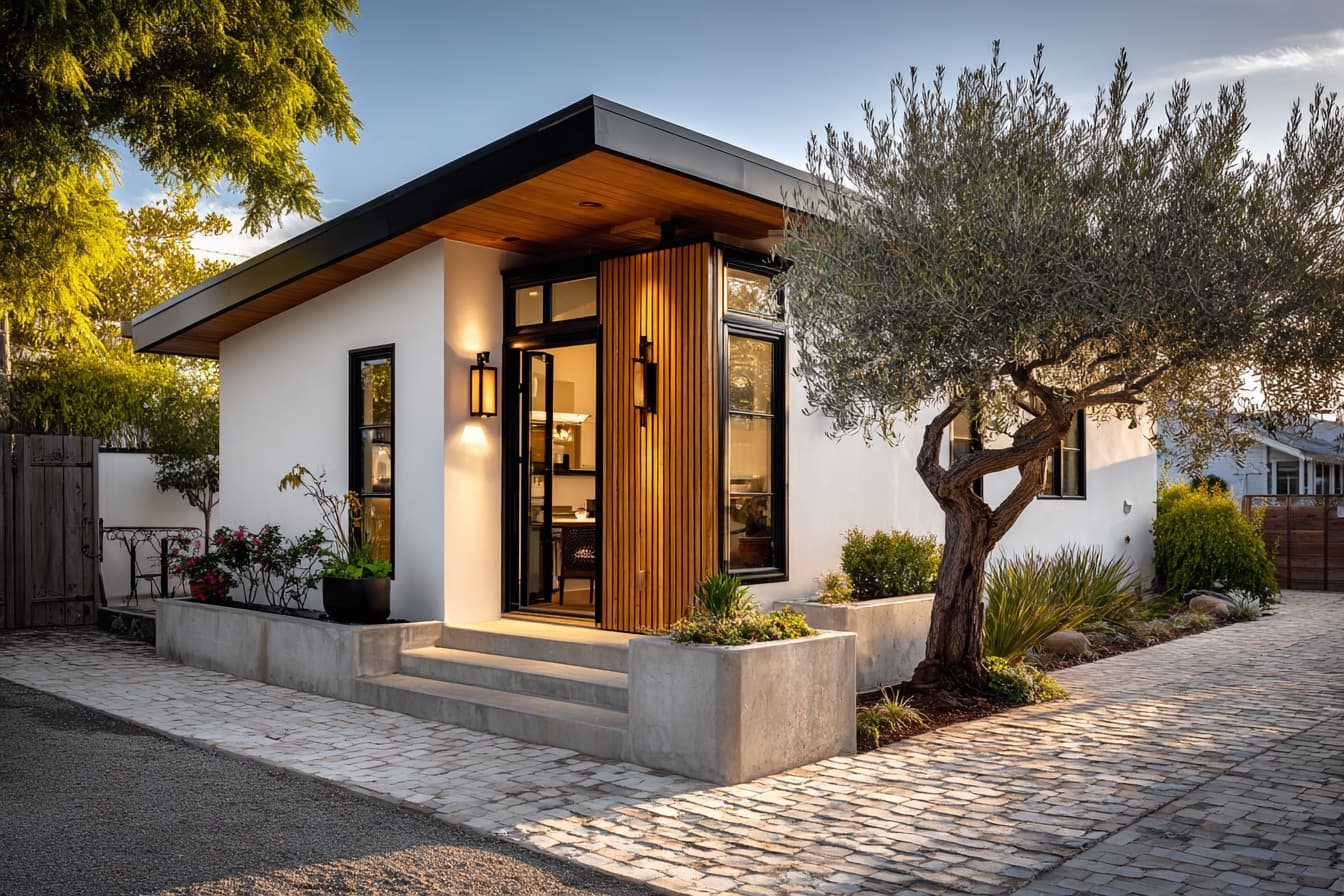 A detached accessory dwelling unit with wood cladding and a warm lit entry at dusk (stock photograph, not a Craft Homes project)