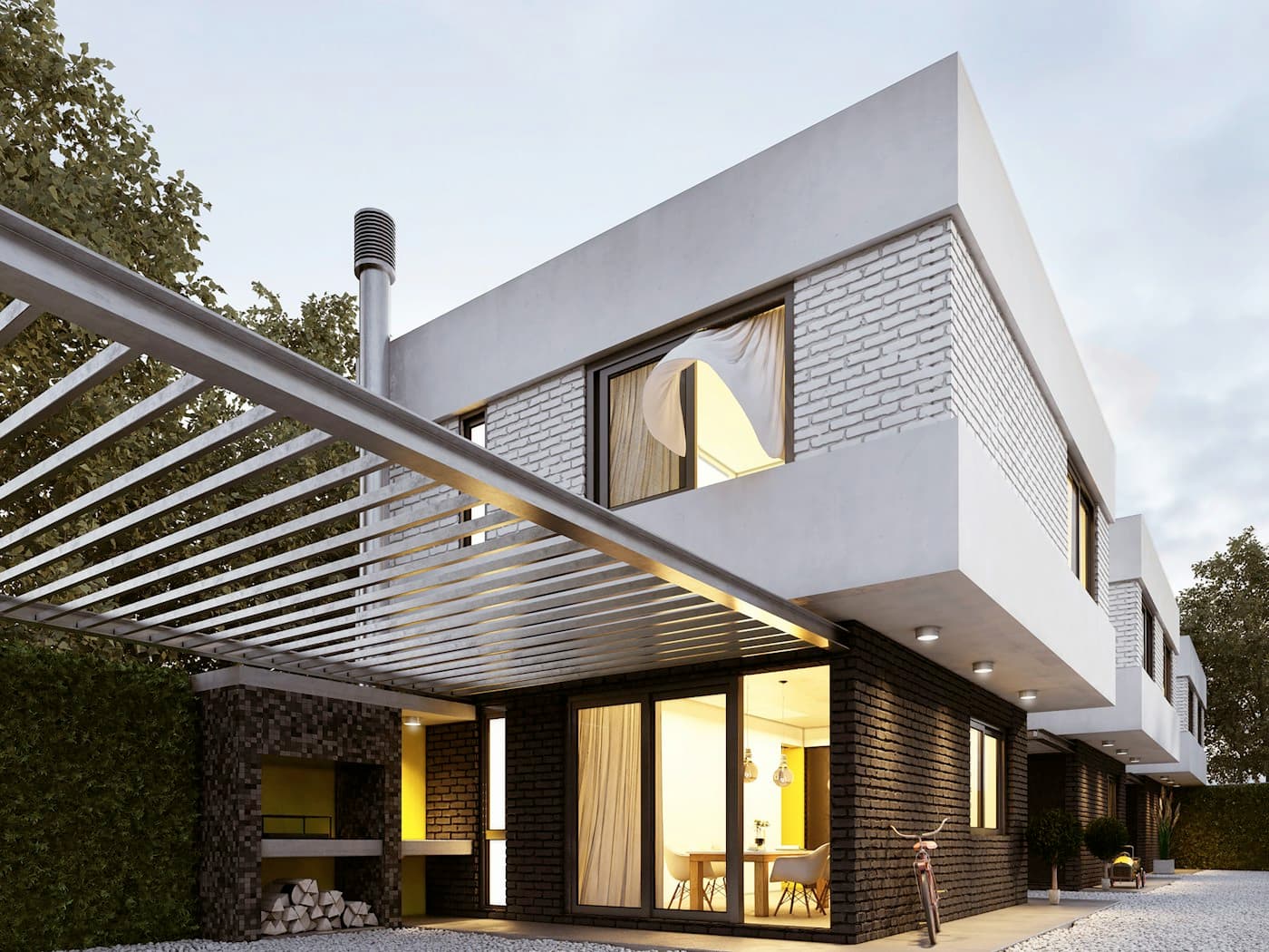 A compact detached dwelling with a pergola-covered patio (stock photograph, not a Craft Homes project)